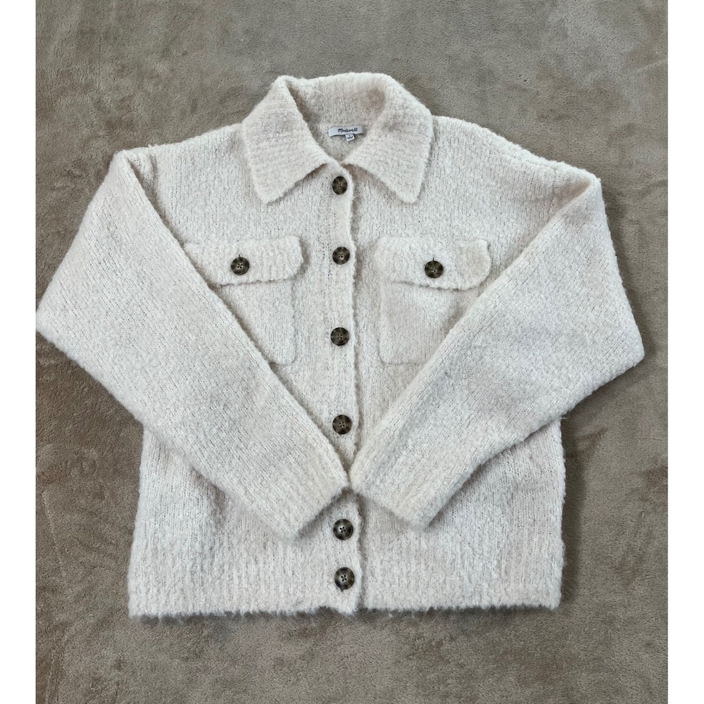 Madewell Jill Bouclé Knit Sweater Jacket Women's L Cream Wool  Blend L/S GOOD
